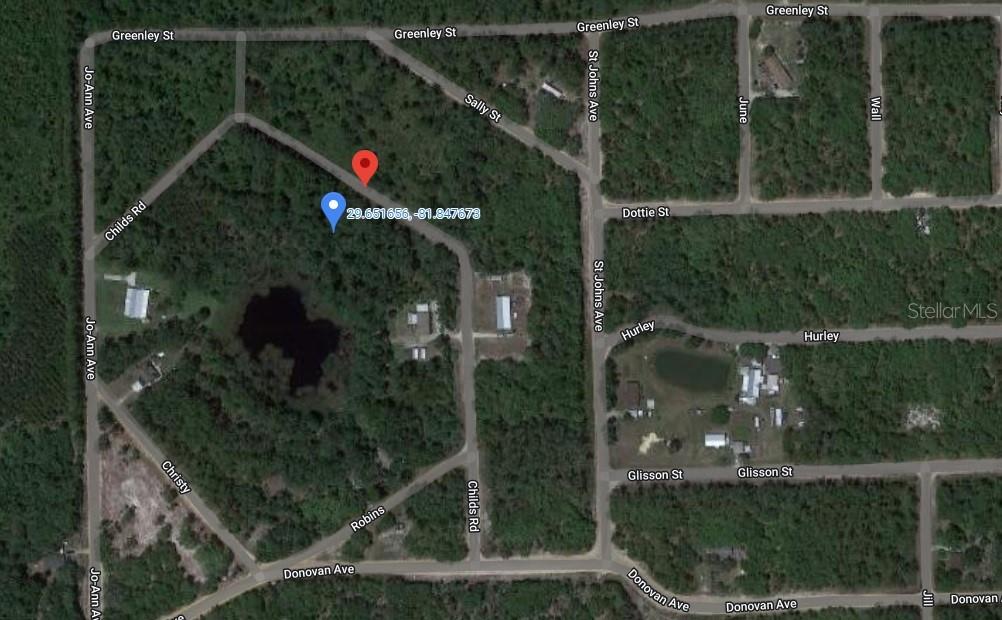 This is a satellite map view of a wooded residential area with dirt roads — 0 NONE, INTERLACHEN, FL