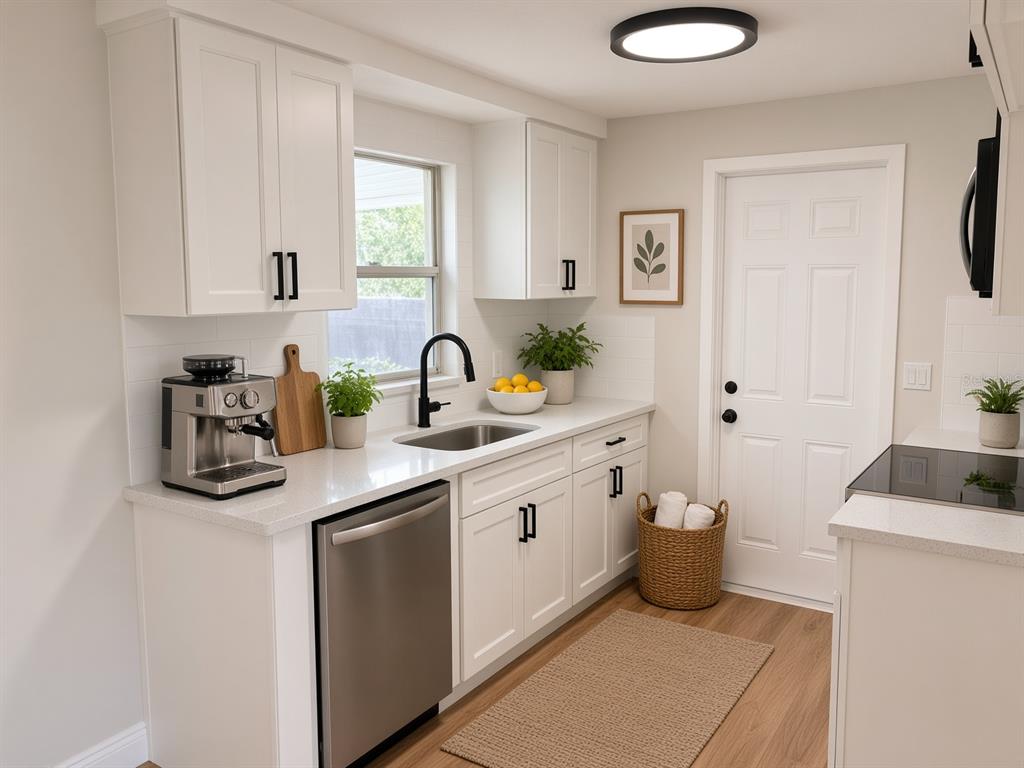 A bright kitchen features white cabinets, stainless steel appliances, a sink, and light wood flooring — 7350 FAIRFAX DRIVE, PORT RICHEY, FL