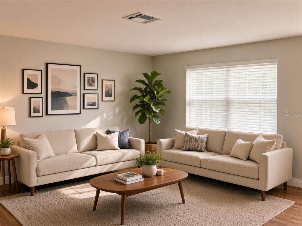 A living room features two beige sofas, a wooden coffee table, and a gallery wall — 7350 FAIRFAX DRIVE, PORT RICHEY, FL