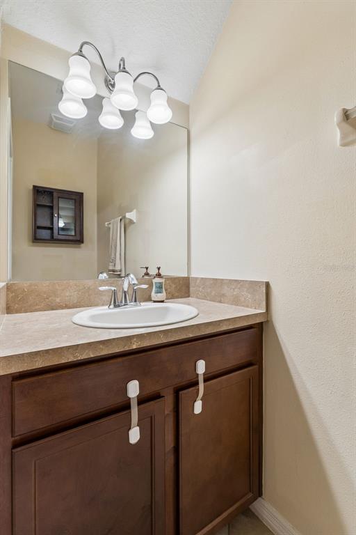 A bathroom vanity features a dark wood cabinet, a beige countertop, and a wall-mounted mirror — 4127 SHADE TREE LANE, LAKELAND, FL