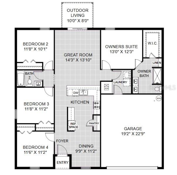 This floor plan shows a four-bedroom, two-bathroom home with an attached garage and outdoor living — 5344 BRYAN TERRACE, PORT CHARLOTTE, FL