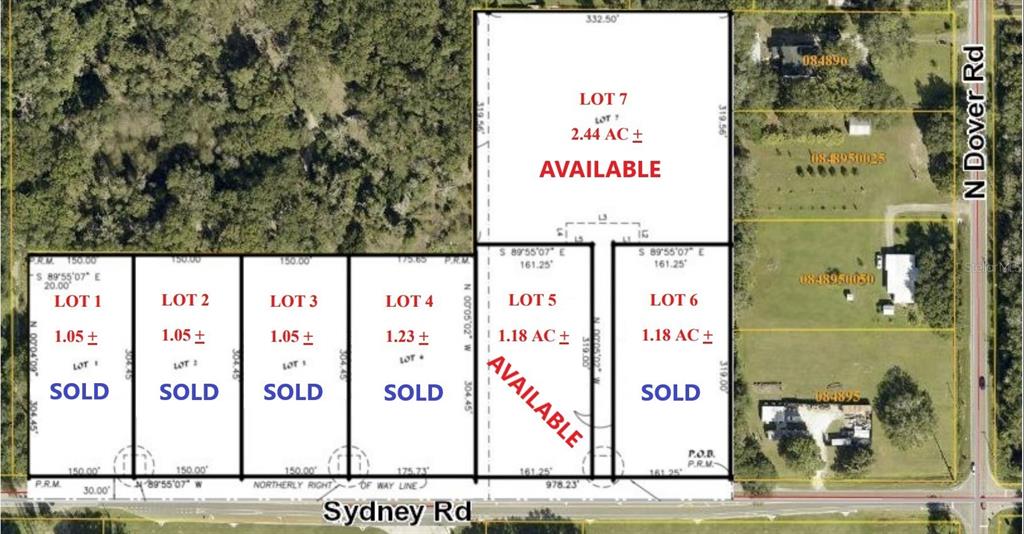 This is a land survey map showing seven subdivided lots along a road — 14140 SYDNEY ROAD, DOVER, FL