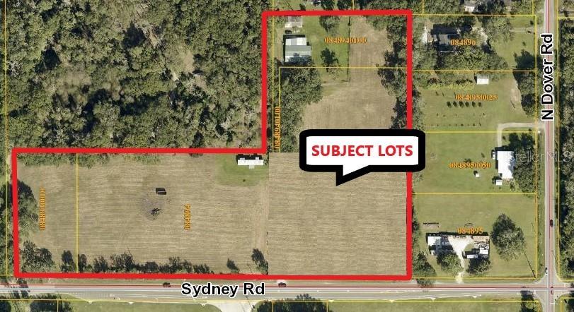 This is an aerial map showing a large, L-shaped parcel of land along a road — 14140 SYDNEY ROAD, DOVER, FL