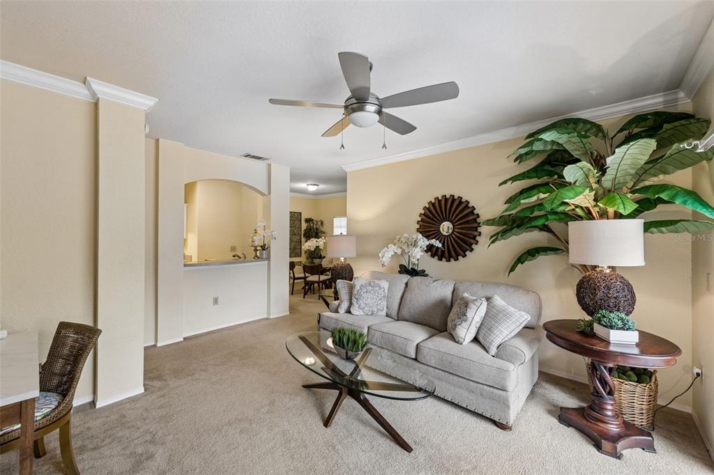 A carpeted living room features a built-in shelving unit, an arched alcove, and a ceiling fan — 143 VILLA DI ESTE TERRACE UNIT 209, LAKE MARY, FL