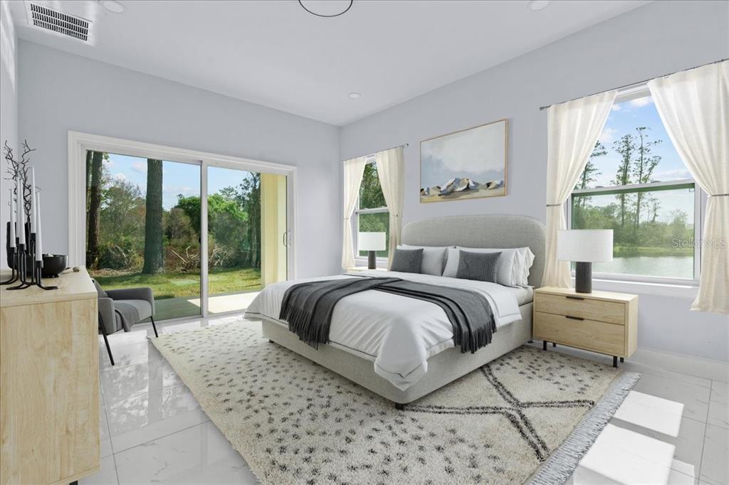 A modern house exterior features a stone-accented facade, a concrete walkway, and a pond view — 2875 E SLATER DRIVE, DELTONA, FL