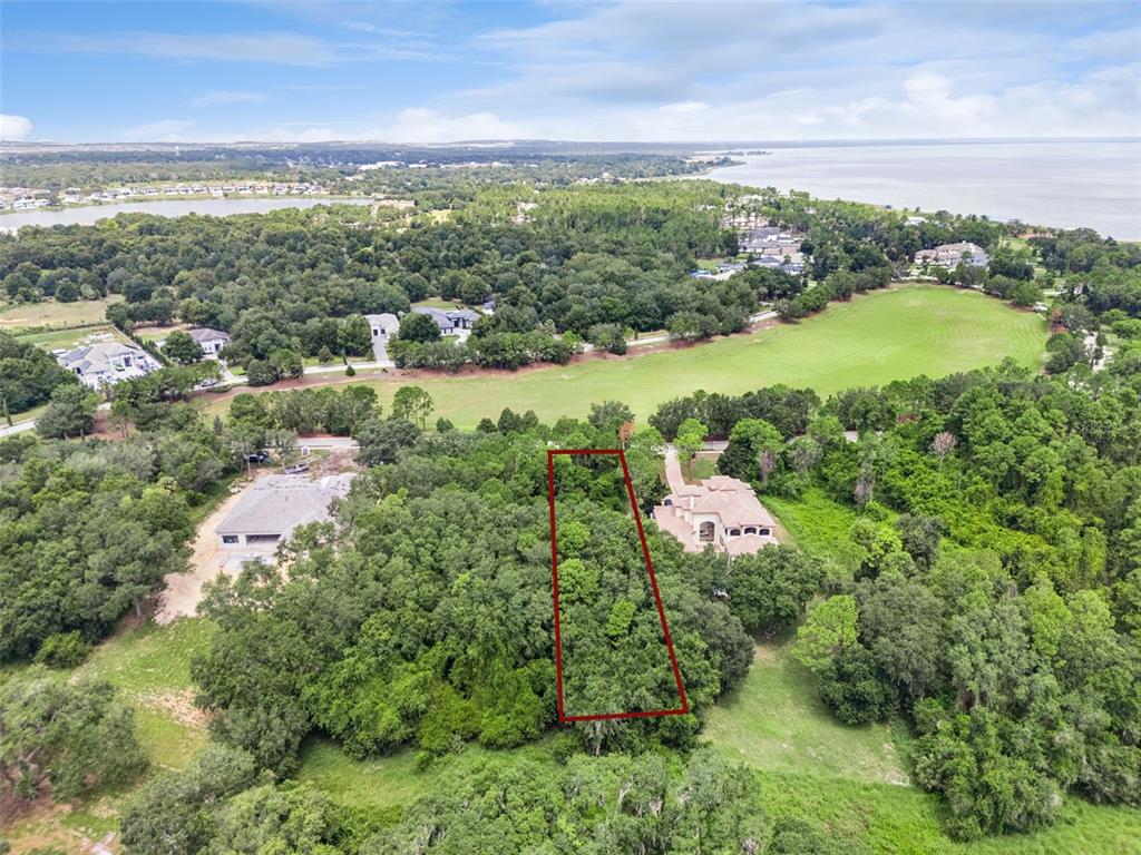 An aerial view shows a rectangular wooded lot outlined in red between two residential properties — 17119 ETRUSCAN LANE, MONTVERDE, FL