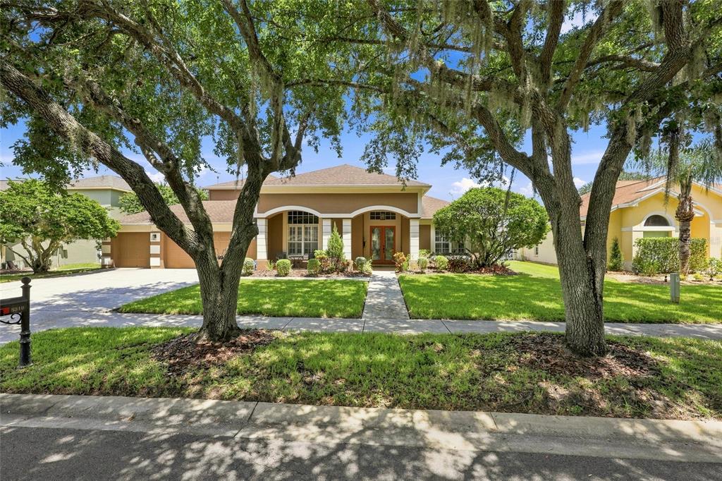 A tan single-story house with a covered entryway and two large trees in the front yard — 8310 SUMMER GROVE ROAD, TAMPA, FL