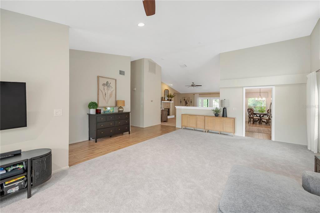 A living room features a gray sectional sofa, neutral carpeting, and a ceiling fan — 12004 STEPPINGSTONE BOULEVARD, TAMPA, FL