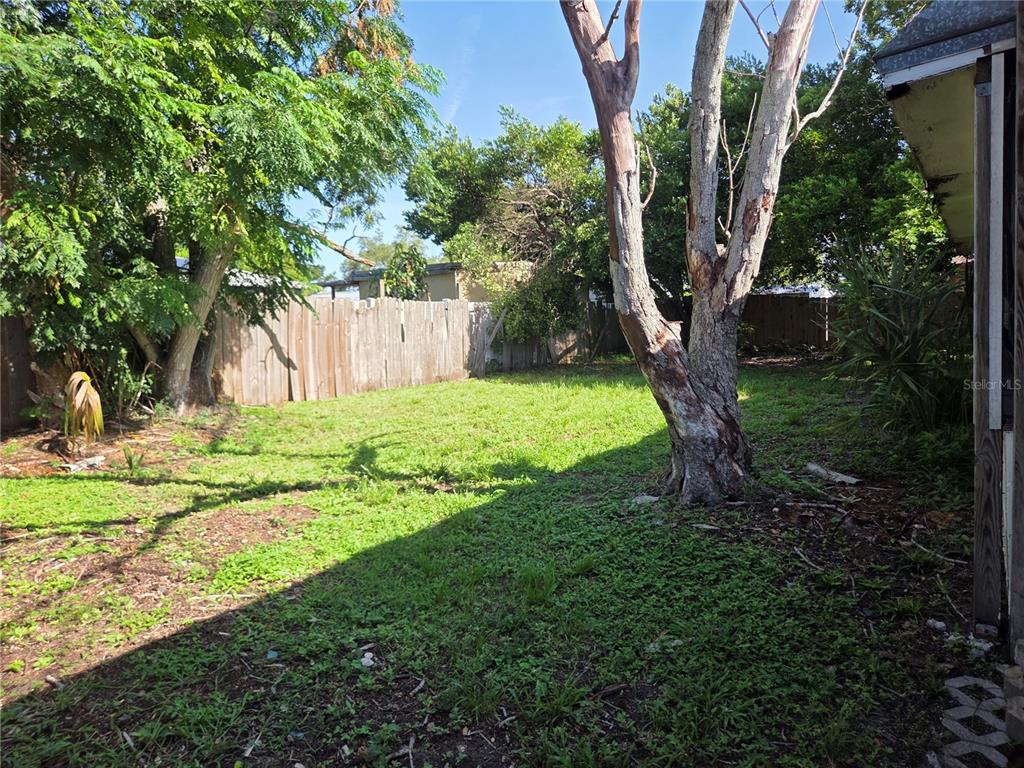 A grassy backyard features a large tree, a wooden fence, and surrounding foliage — 907 CUTLER DRIVE, SEFFNER, FL