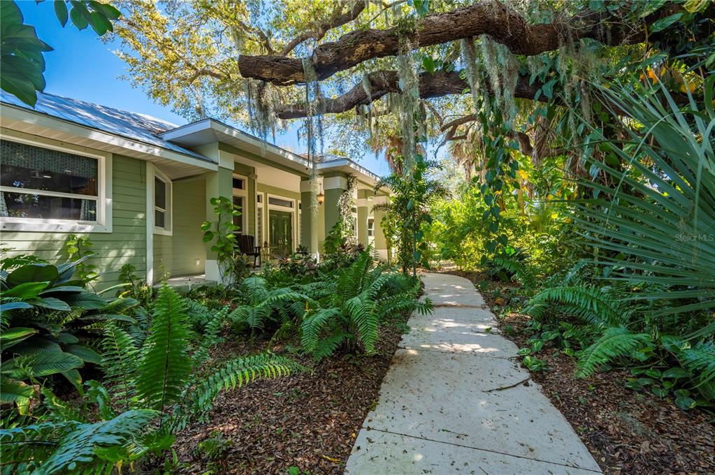 A concrete walkway leads to the entrance of a green house surrounded by lush landscaping — 29505 JONES LOOP ROAD, PUNTA GORDA, FL