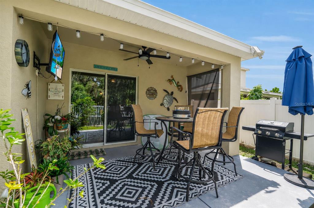 A covered patio features a dining set, a television, string lights, and a grill — 5108 OLD TURNER LANE, PALMETTO, FL