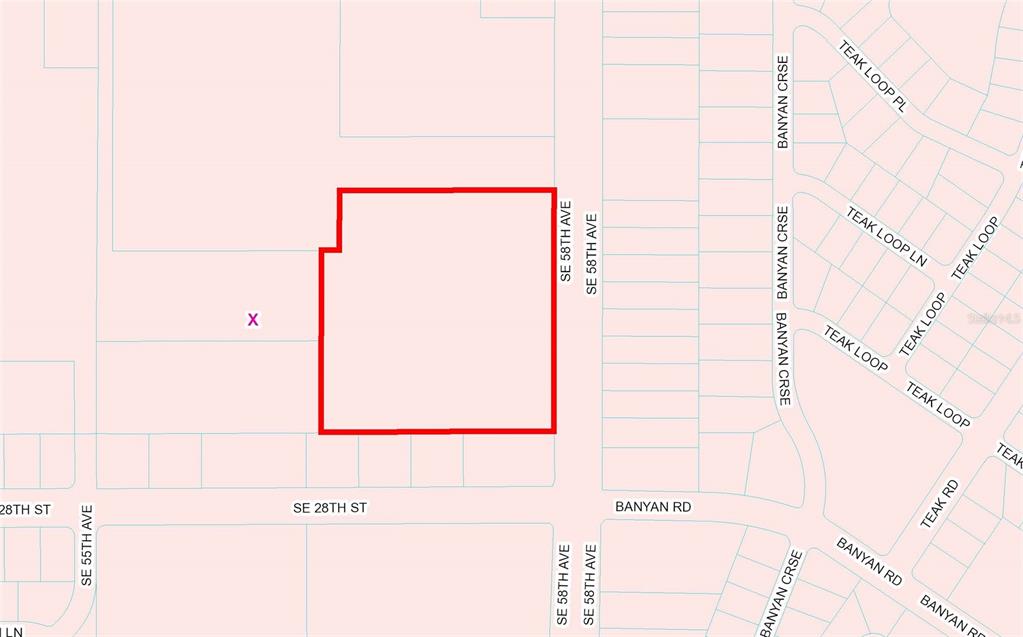This is a map showing a highlighted property parcel near SE 58th Avenue — 0 SE 58th AVENUE, OCALA, FL