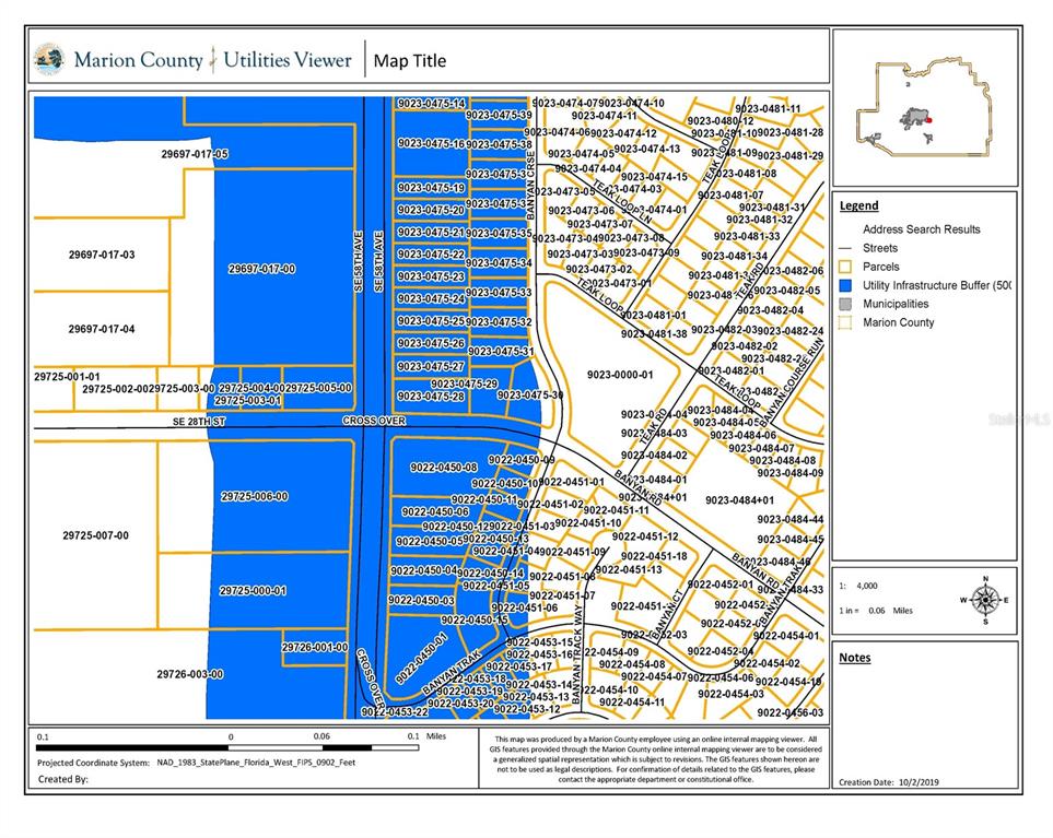 This is a map of parcel boundaries and utility infrastructure in Marion County — 0 SE 58th AVENUE, OCALA, FL