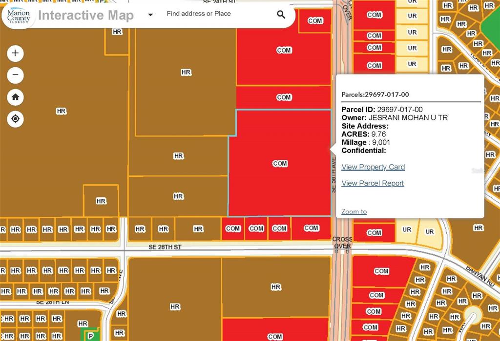 This image shows an interactive digital map displaying property parcel zoning and ownership information — 0 SE 58th AVENUE, OCALA, FL