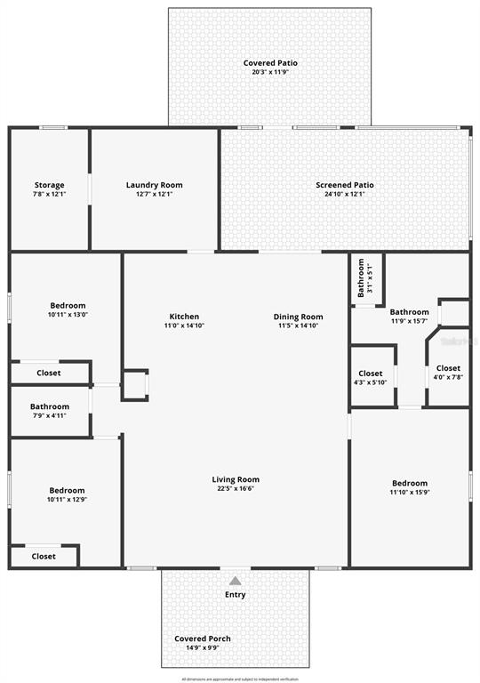 This is a floor plan showing the layout of a house with three bedrooms, two bathrooms, and a screened patio — 273 GRIFFIN ROAD, WAUCHULA, FL
