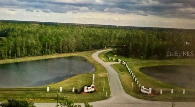 An aerial view shows a paved road leading into a gated community with two ponds — 106 CREEKSIDE DRIVE, BUNNELL, FL