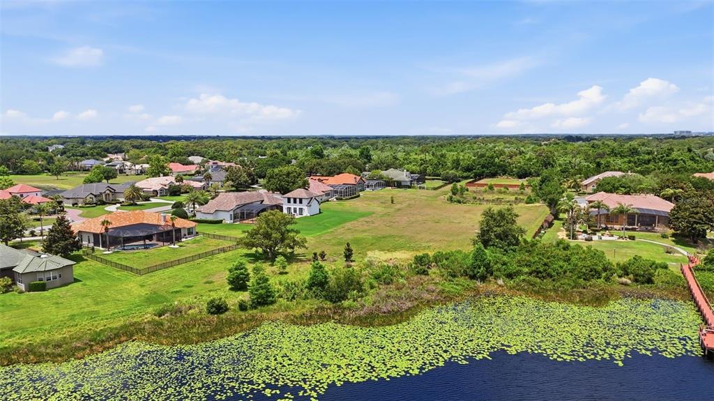 An aerial view shows a residential neighborhood with houses, a large grassy lot, and a lake — 11544 WILLOW GARDENS DRIVE, WINDERMERE, FL
