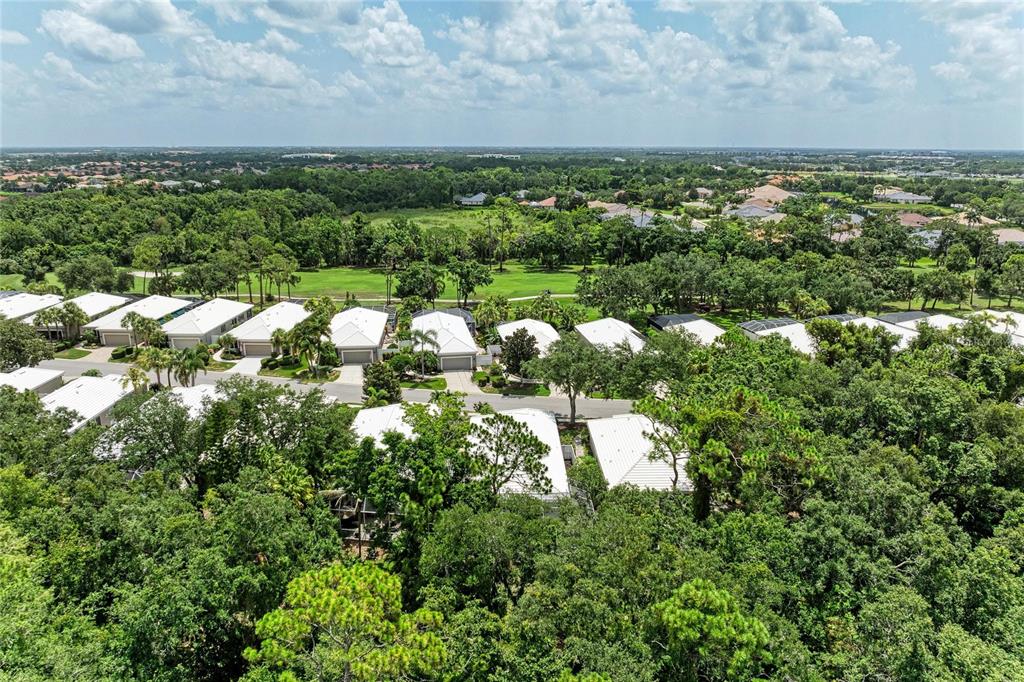A kidney-shaped swimming pool sits inside a screened-in lanai overlooking a wooded backyard — 5002 88TH STREET E, BRADENTON, FL