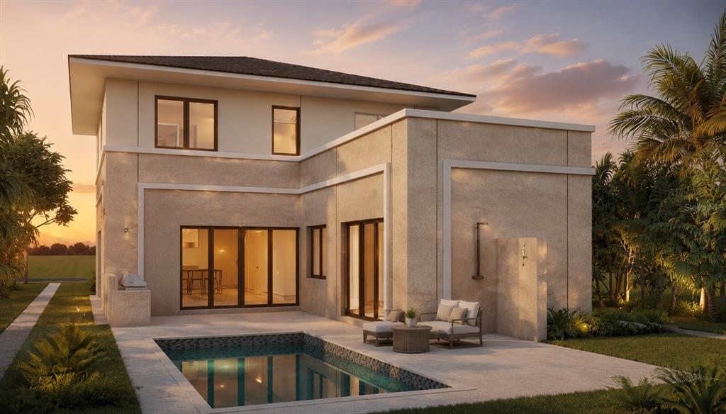 This is a rendering of a two-story house exterior featuring a patio and a pool — 2350 BAY ST, SARASOTA, FL