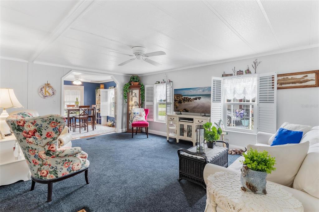 A living room features dark blue carpeting, a floral armchair, a television, and white walls — 2470 KAREN DRIVE, MOUNT DORA, FL