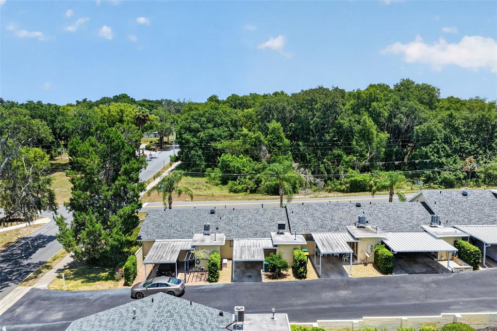 An aerial view shows a row of single-story townhomes with carports and a wooded background — 445 S GRANDVIEW STREET UNIT 8, MOUNT DORA, FL