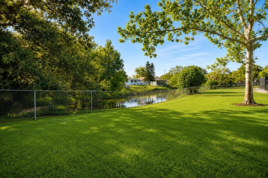 A grassy backyard features a chain-link fence bordering a small pond and mature trees — 3011 SHADOW OAKS DRIVE, HOLIDAY, FL