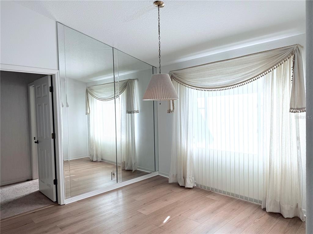 A room with light wood-look flooring, a large mirrored wall, and a window with curtains — 13928 TENNYSON DRIVE, HUDSON, FL