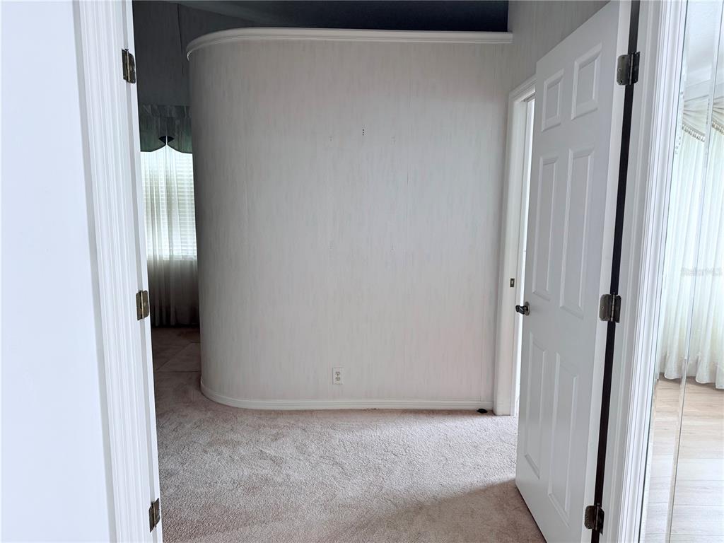 A room with beige carpet features a curved wall and a white interior door — 13928 TENNYSON DRIVE, HUDSON, FL