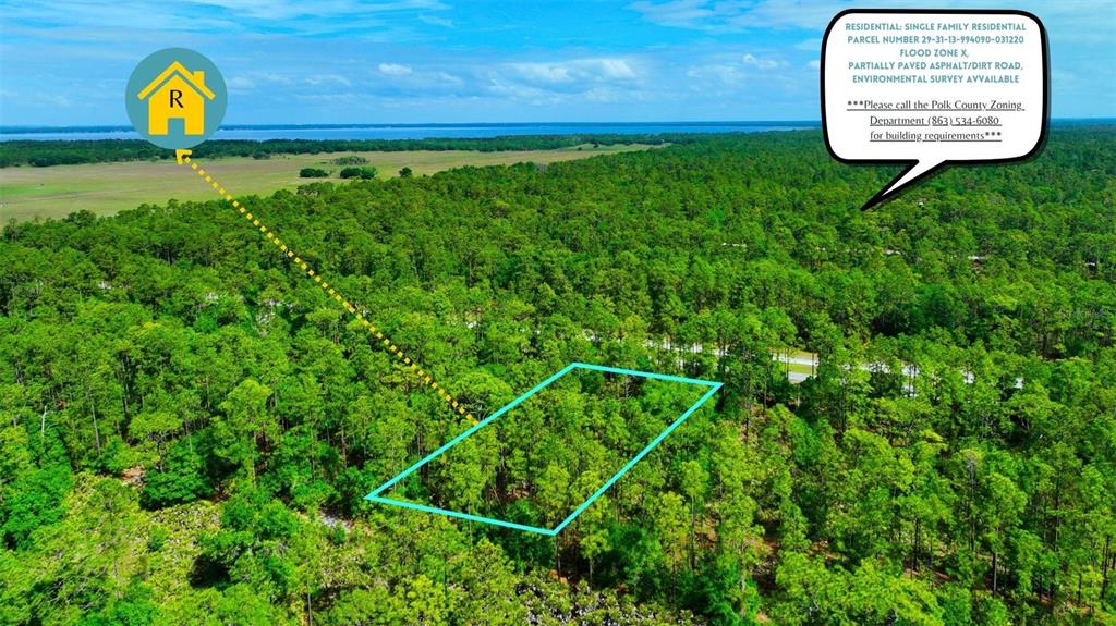 An aerial view shows a rectangular plot of land outlined in blue amidst dense forest — TBD LOT 20 JAPONICA AVENUE, INDIAN LAKE ESTATES, FL