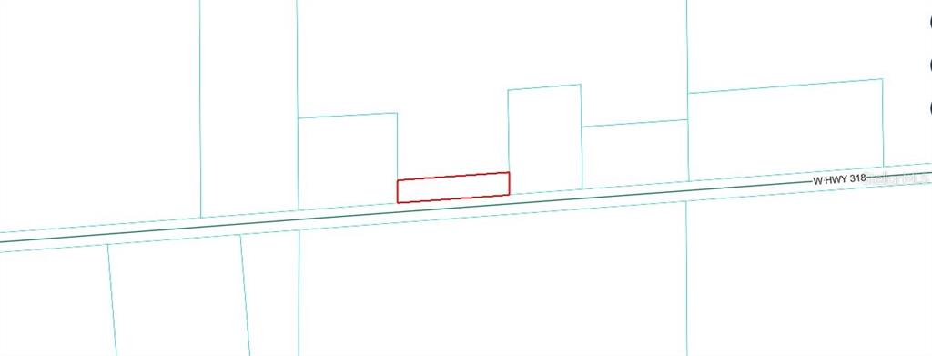 This is a map showing a rectangular property parcel outlined in red along a highway — 9625 W HIGHWAY 318, REDDICK, FL