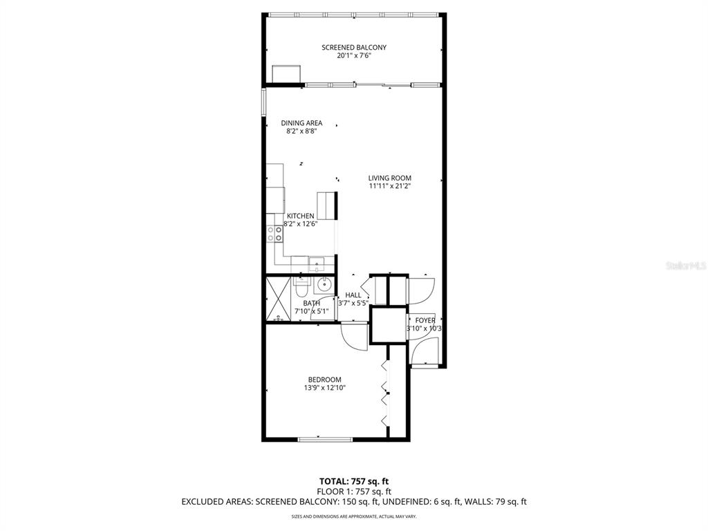 This is a floor plan for a one-bedroom apartment with a screened balcony — 210 RIVER BEND PLACE UNIT B, WELAKA, FL