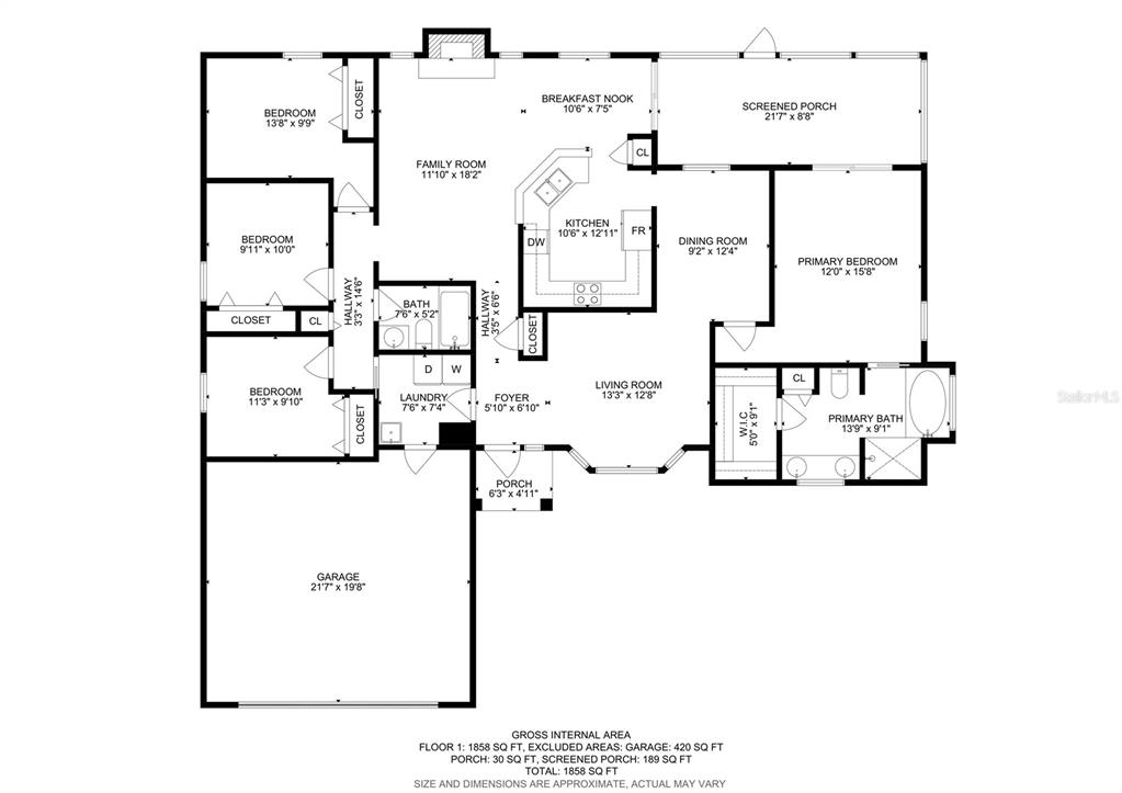 This floor plan shows a single-story house with three bedrooms, a garage, and a porch — 1681 E SPRING RIDGE CIRCLE, WINTER GARDEN, FL