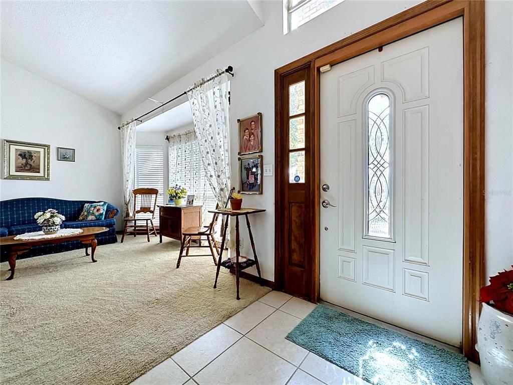 A living room with a blue sofa, carpeted floor, and a white front door — 1681 E SPRING RIDGE CIRCLE, WINTER GARDEN, FL