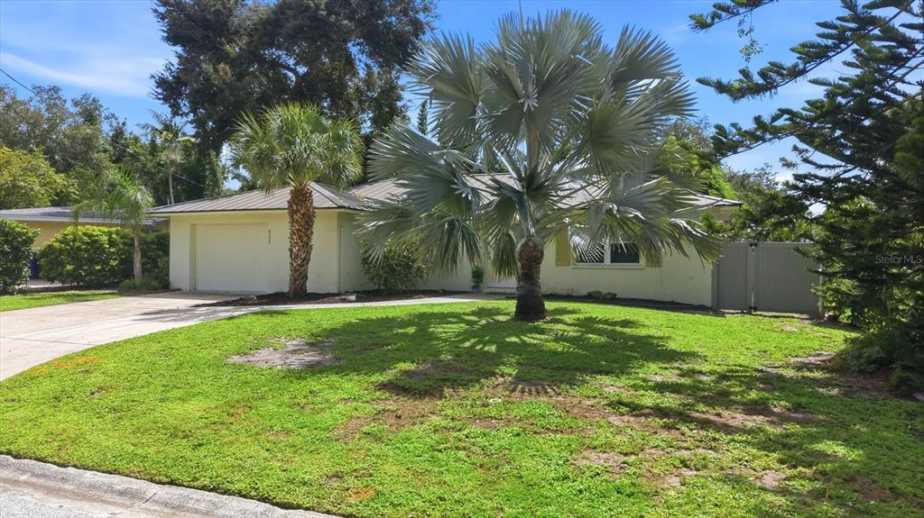 A single-story house with a light-colored exterior, a metal roof, and palm trees in front — 6233 ROCKEFELLER AVENUE, SARASOTA, FL