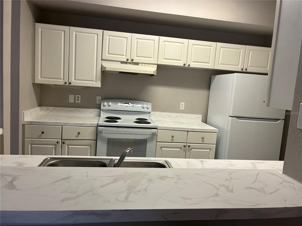 A dining area features brown carpet, gray walls with white chair rail molding, and pendant lighting — 5572 METROWEST BOULEVARD UNIT 209, ORLANDO, FL