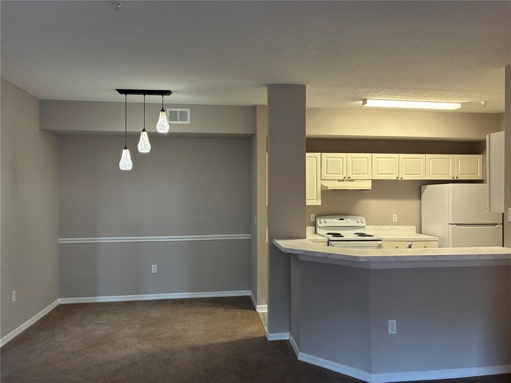 An empty bedroom features gray walls, brown carpet, a ceiling fan, and a bay window — 5572 METROWEST BOULEVARD UNIT 209, ORLANDO, FL
