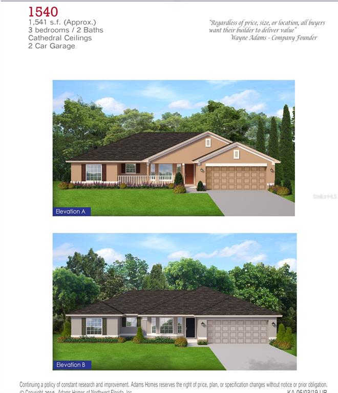 This architectural rendering shows two exterior elevations of a single-story house with a garage — 3458 NW 29TH AVENUE, OKEECHOBEE, FL