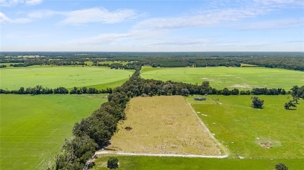An aerial view shows a large, rectangular grassy lot bordered by trees and farmland — NW 65TH AVENUE, TRENTON, FL