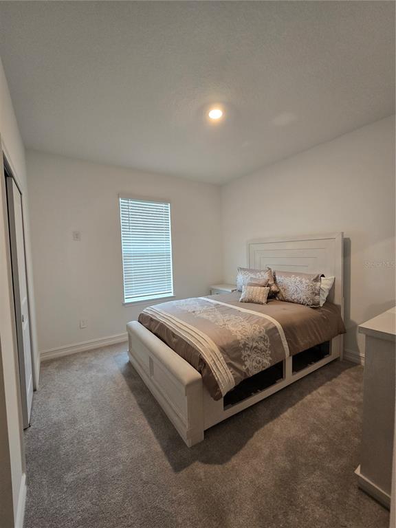 A bedroom features a white bed frame, gray carpet, and a window with white blinds — 7518 117TH LANE E, PALMETTO, FL