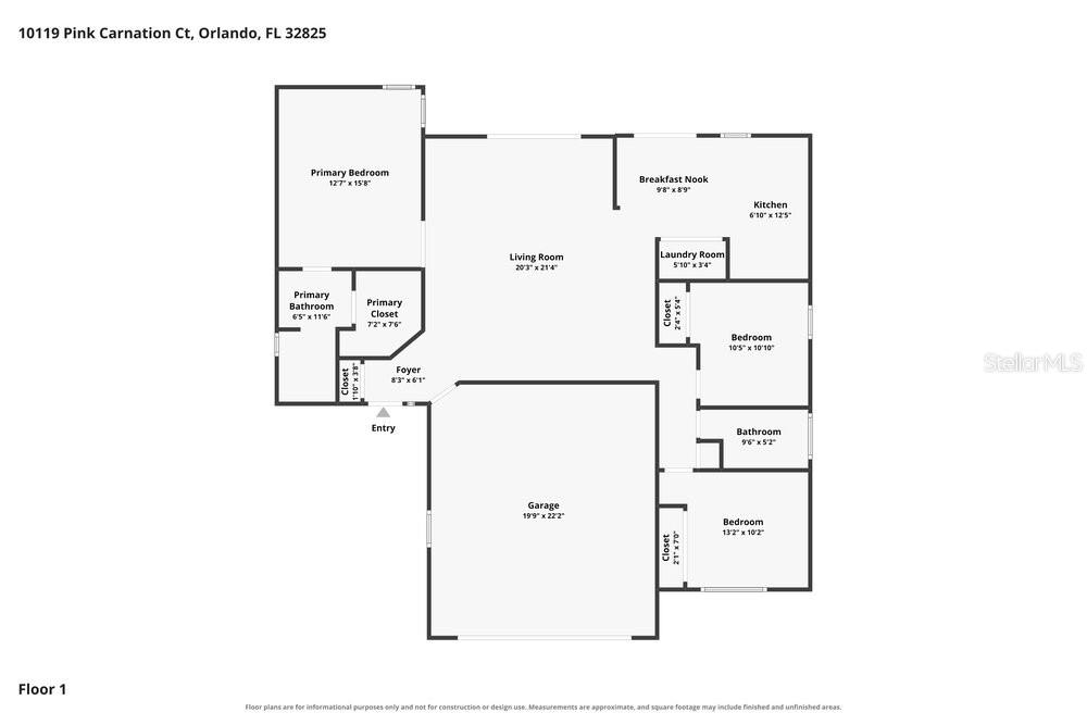 This is a floor plan for a single-story house with a garage and three bedrooms — 10119 PINK CARNATION COURT, ORLANDO, FL