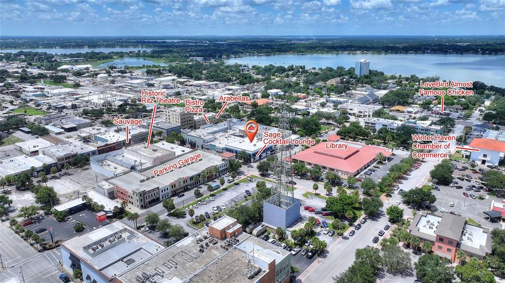 This is an aerial view of a city downtown area with labels identifying various buildings — 55 NW 3RD STREET NW, WINTER HAVEN, FL