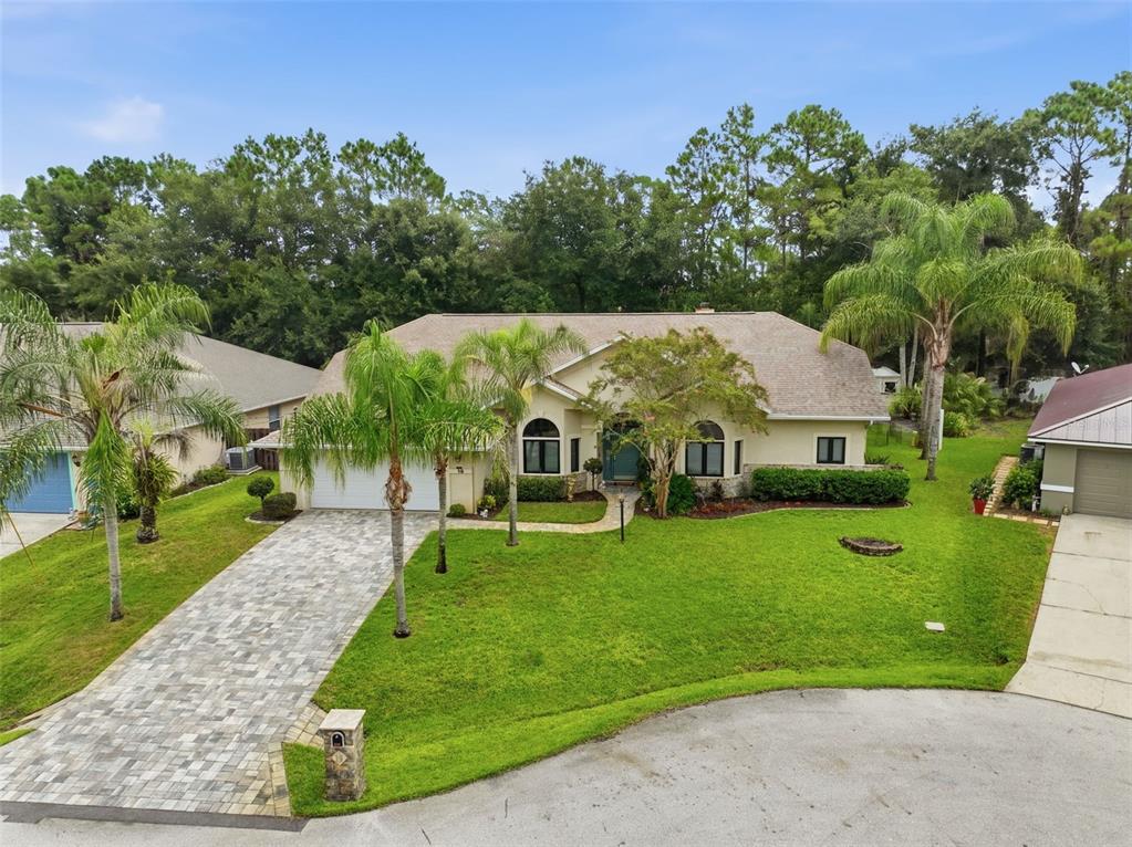 A single-story suburban house with a paved driveway, palm trees, and a green lawn — 19 WOODGUILD PLACE, PALM COAST, FL