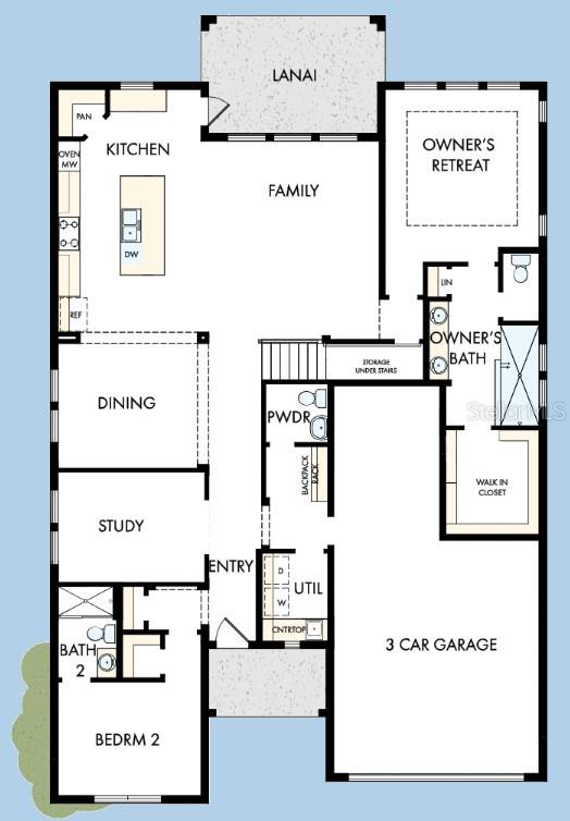 This is a floor plan of a single-story home featuring a three-car garage and lanai — 2846 SOLETA VIEW, ODESSA, FL