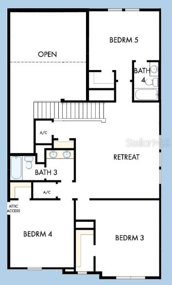 This is a floor plan of an upper level featuring three bedrooms, two bathrooms, and a retreat — 2846 SOLETA VIEW, ODESSA, FL