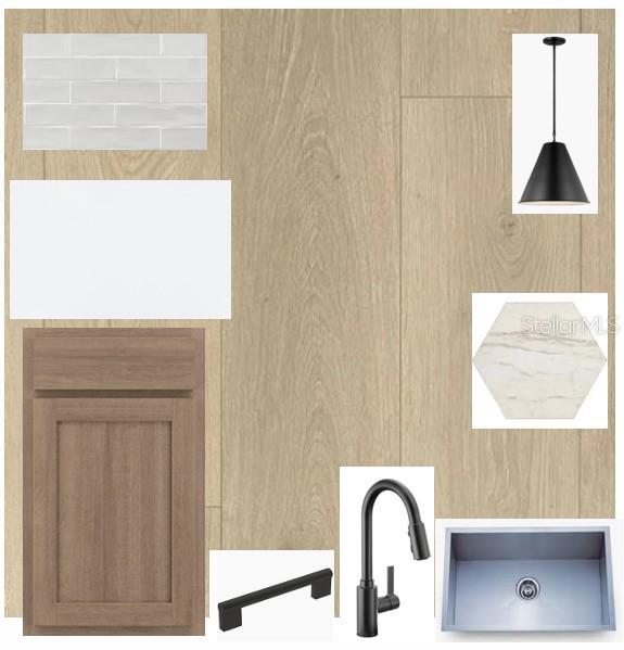 This digital design board displays kitchen finish samples, including wood-look flooring, cabinetry, hardware, and fixtures — 2846 SOLETA VIEW, ODESSA, FL