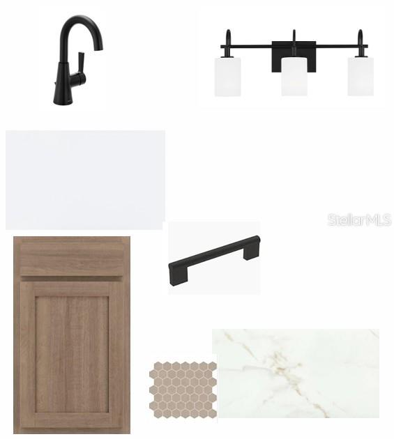 This digital rendering displays a bathroom design board featuring wood cabinets, marble countertops, and fixtures — 2846 SOLETA VIEW, ODESSA, FL