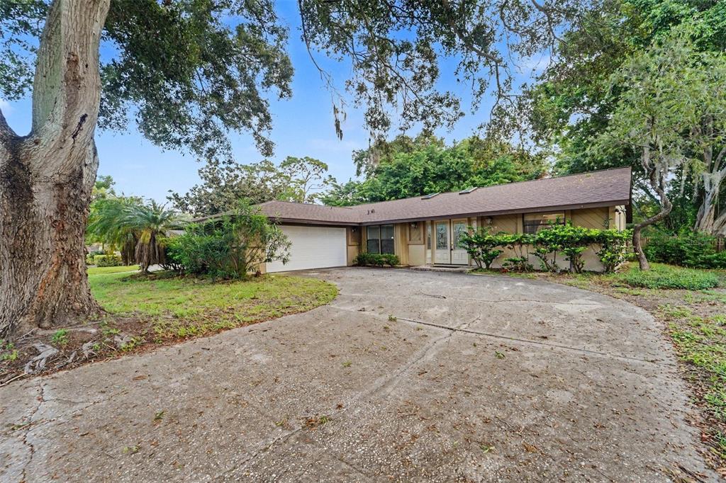 A single-story house with a brown shingled roof, beige siding, and a concrete driveway — 2057 BRENT PLACE, PALM HARBOR, FL