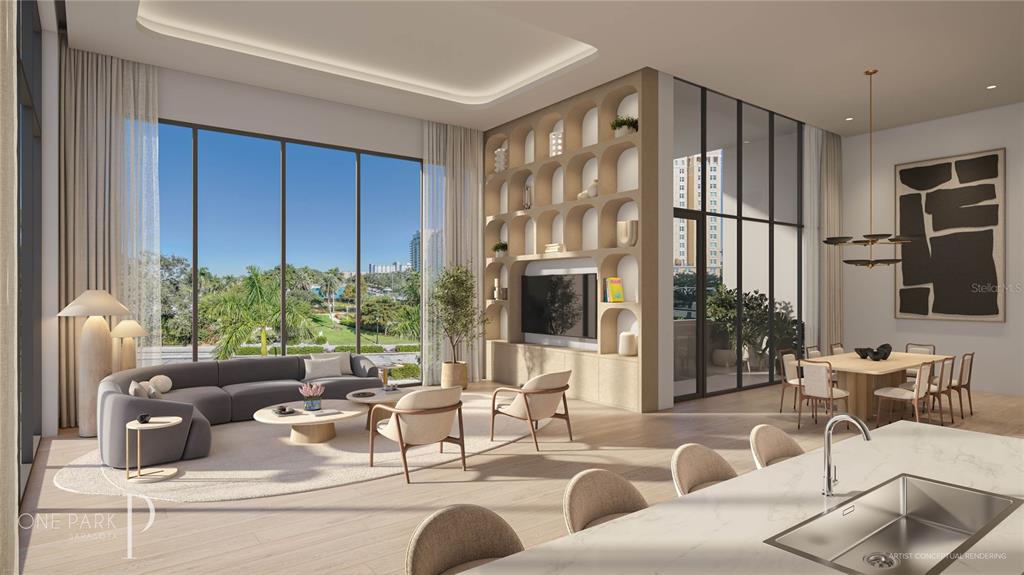 This artist conceptual rendering shows a modern open-concept living area with floor-to-ceiling windows — 668 QUAY COMMONS UNIT 103, SARASOTA, FL