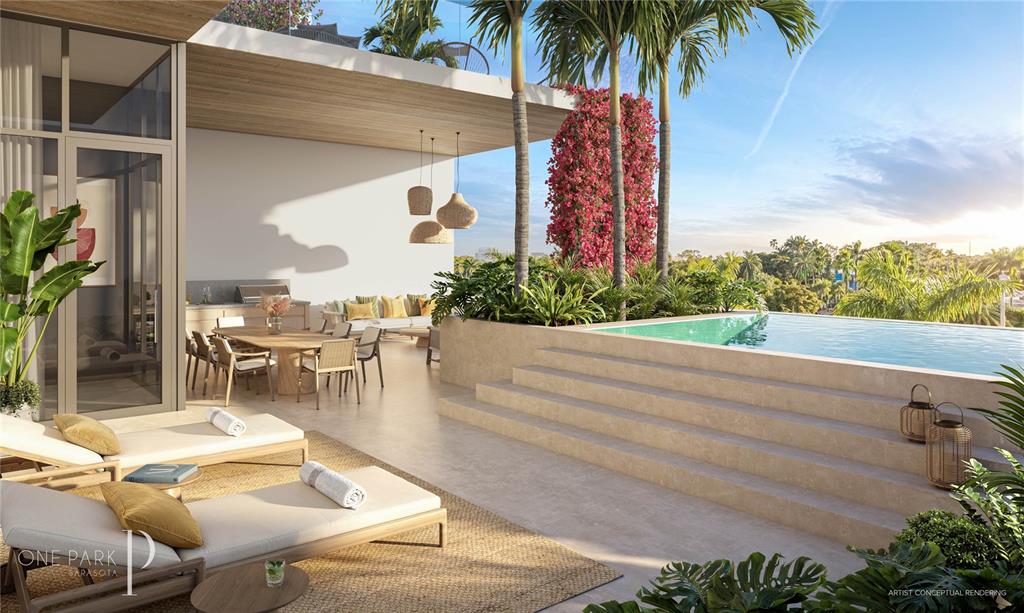 This artist conceptual rendering shows a luxury outdoor terrace with a pool, lounge chairs, and dining — 668 QUAY COMMONS UNIT 103, SARASOTA, FL