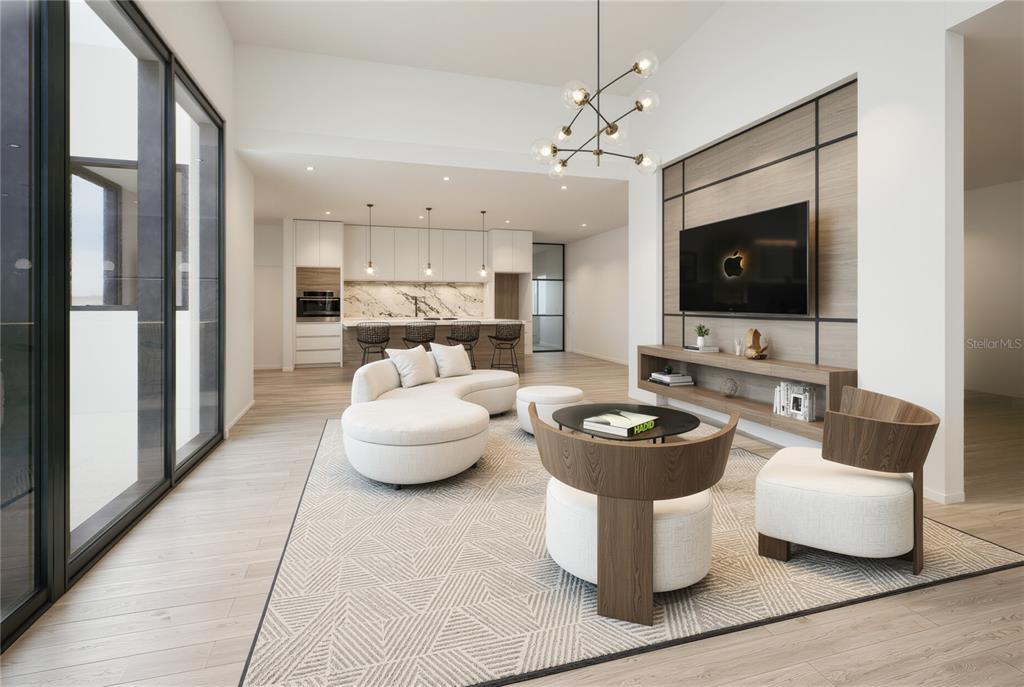 This is a rendering of a modern open-concept living room and kitchen with light wood flooring — 35 D UNIT 9, GUAYNABO, PR